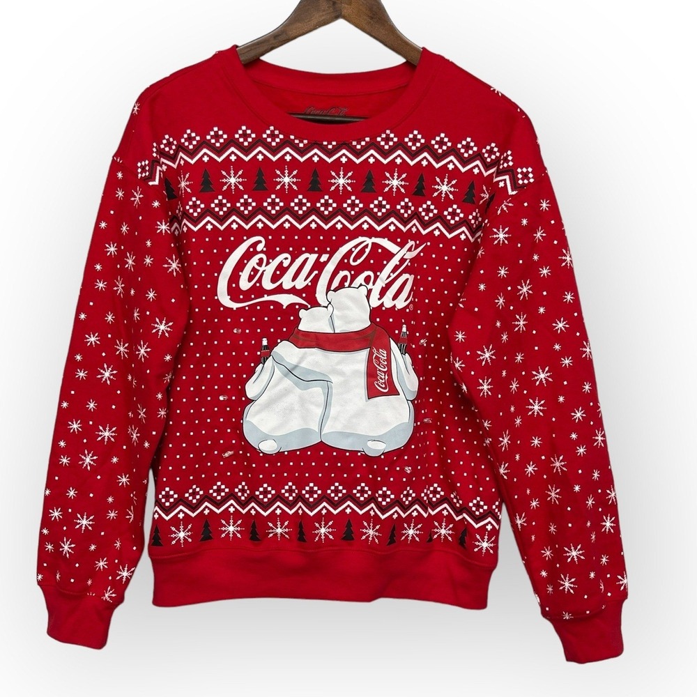 Coca-Cola Womens Red Light Up Polar Bear Christmas Sweatshirt Small Holiday Fair